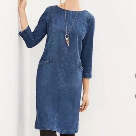 J. Jill Dresses & Skirts - J. Jill Modest Casual Blue Denim Shift  Dress with 3/4 Sleeves - Size Small Tall